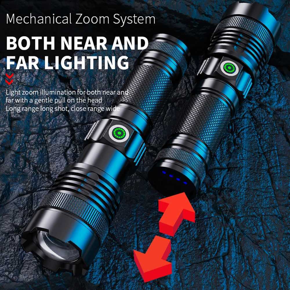 100000 Lumen Super Bright Spotlight Long Range LED Flashlight Built-in Battery USB Charging Waterproof Portable Camping Torch C251122