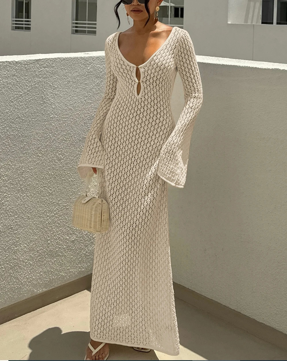 Knitted Hollow Vneck Long sleeved Dress for Womens Beach Holiday Backless Bikini Cover Ups Sunscreen 250415Z