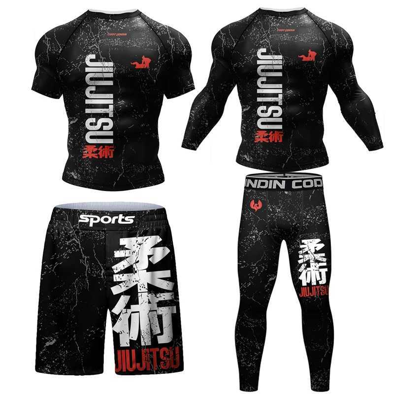 New kimono jujitsu mens Rashguard Mma T-shirt+pants 4pcs/set Muay Thai shorts Bjj Rashguard gym boxing jersey sportswear W250422