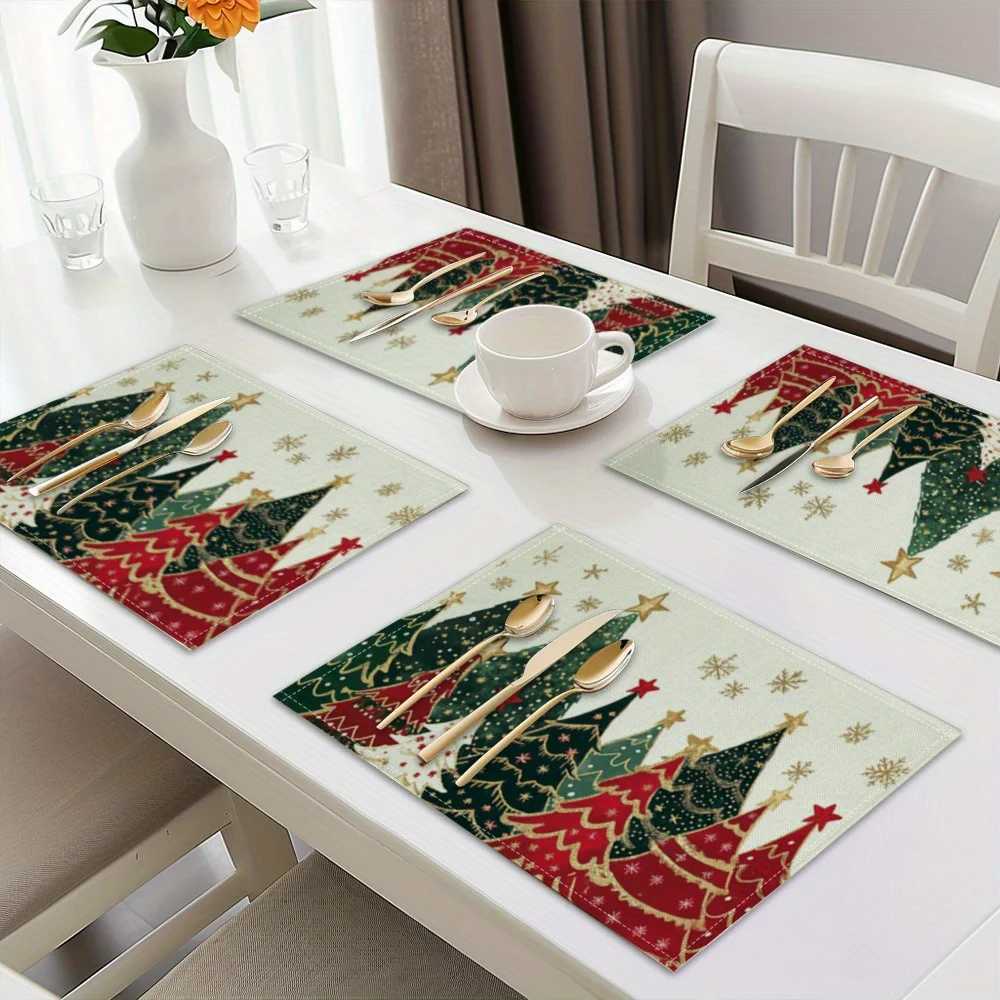 VIKAMA 4/6/8/10Pcs Christmas Tree Printed Placemats Washable Kitchen Table Mats Christmas Decorative Placemats C251122