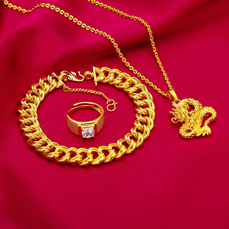 AU999 24K Gold Mens Dragon Set Polished Pendant Matte Wide Bracelet MicroDiamond Ring Head 251114