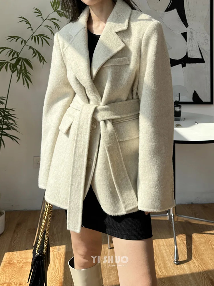 Autumn Winter Casual Doublesided Wool Coat Short Female Fashion Loose Mulberry Silk Woolen Lapel Laceup Warm Women 251112