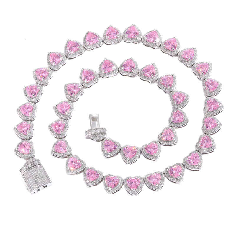 High Quality 10mm Ice Powder Heart Tennis Chain Necklace Boutique Jewelry Shiny Pink moissanite Hip Hop Style