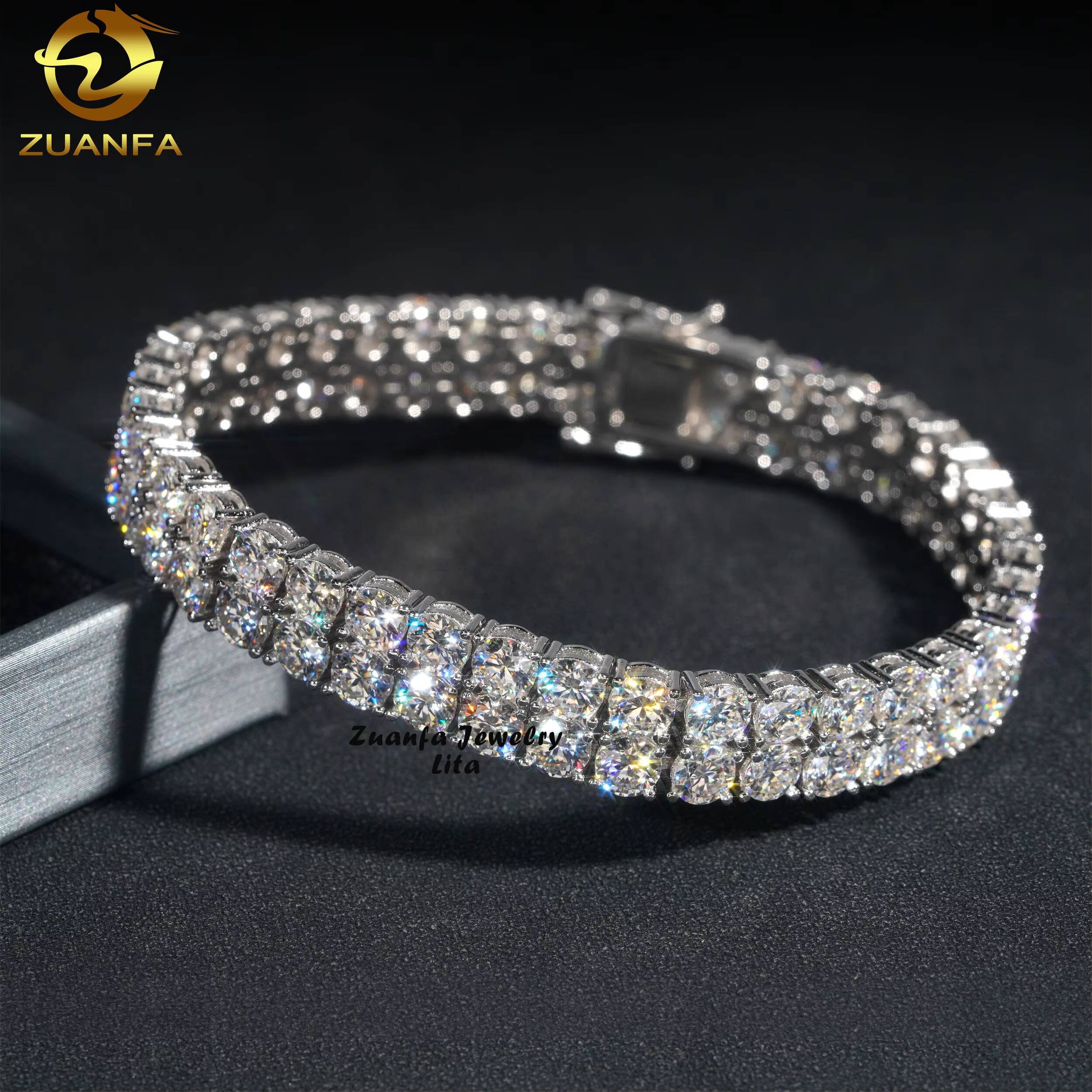 Hip Hop Rapper D Color VVS Diamond Silver Gold Plated 10mm Two Rows Moissanite Tennis Chain Bracelet