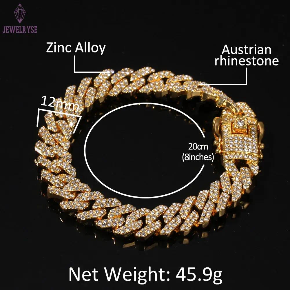 12MM Miami Cuban Link Chain Necklace Bracelets Set For Mens Bling Hip Hop iced out diamond Gold Silver rapper chains Women Luxury Jewelry