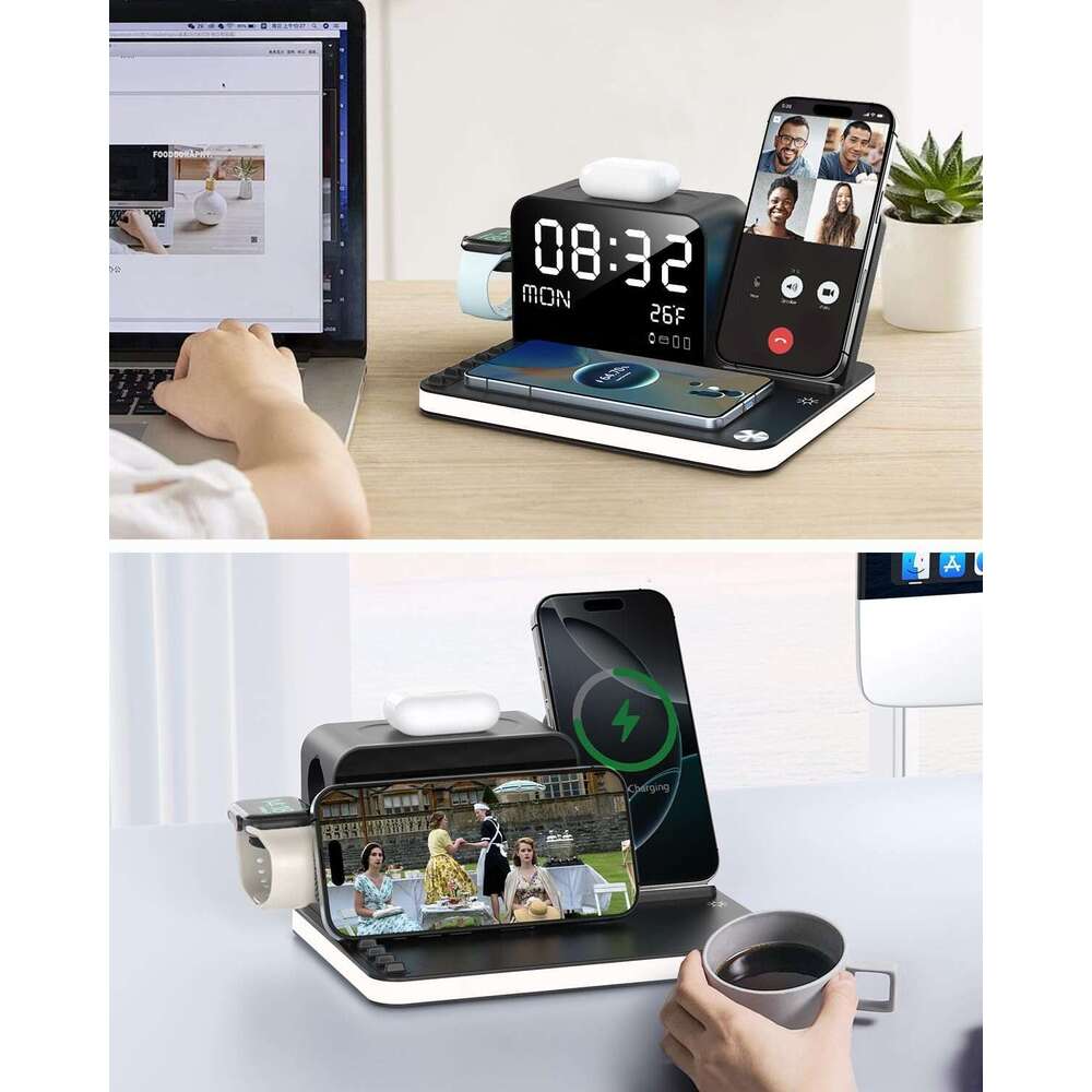 7 in 1 Wireless Charging Station, Fast Charger Station with Dual iPhone, Bluetooth TimeSync, Night Light,33W Adapter for iPhone 16/15/14/13/12 All