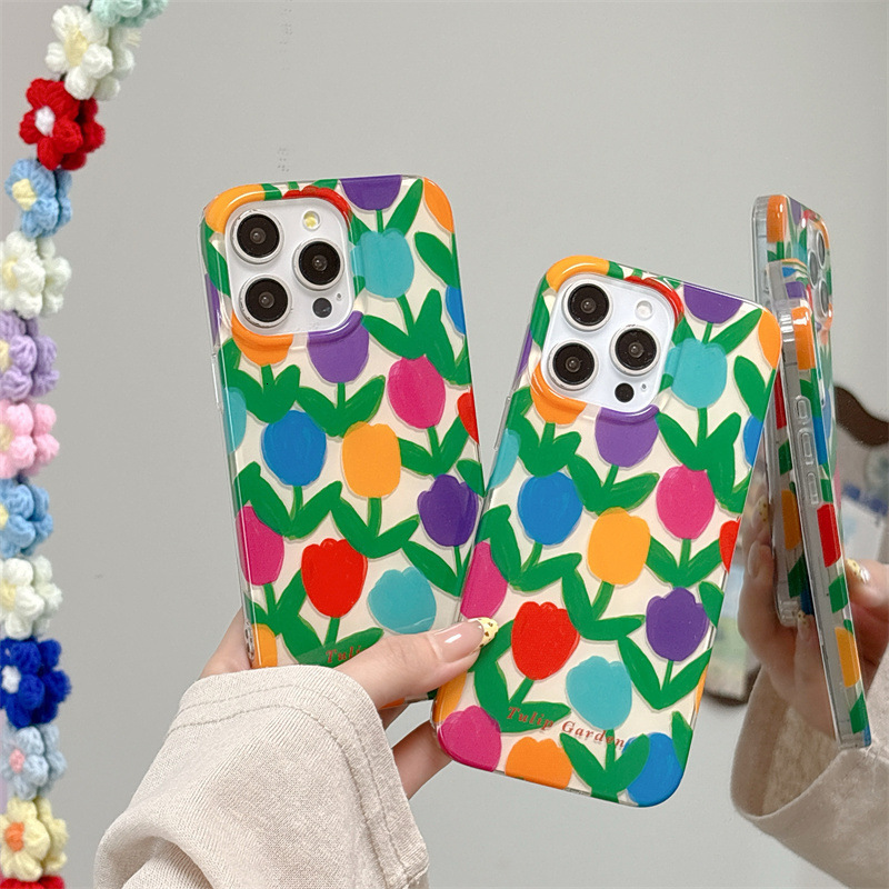 Fresh Colorful Tulip Phone Case for iPhone 16/15 Pro Max New High-end Protective Case iPhone 14/13