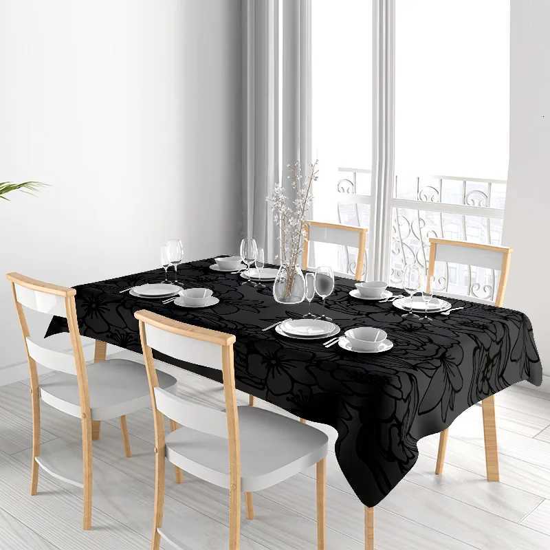 Modern Floral Tablecloth with Black Decorative Print Suitable for Dining Tables in a Contemporary Home Setting C251122