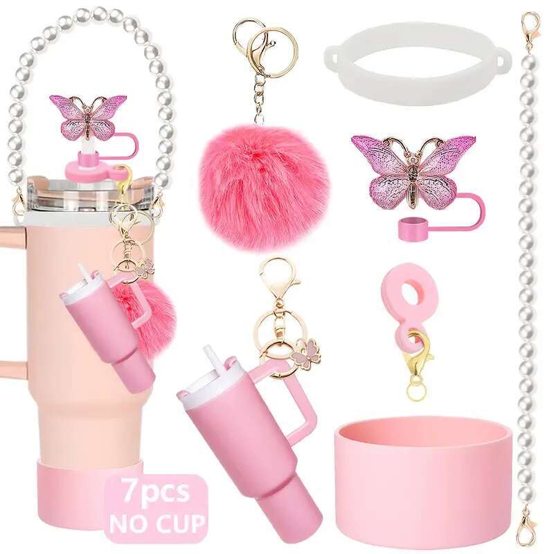 Accessories Stanley Cup 30oz 40oz,pearl Hairball Decorations for Stanley, Including Silicone Straw Cover Cap and Boot, Spill Proof Stopper, Handle Cha