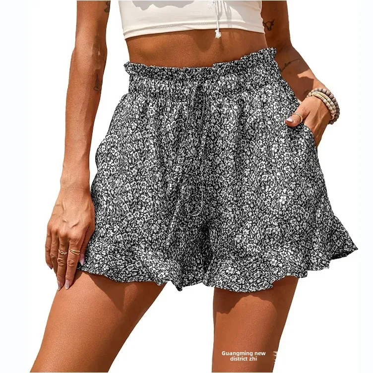 Summer Womens Shorts with High Waist Ruffle Edges Flower Print Pocket Casual Polyester Knitted Cotton Fabric 250414Z