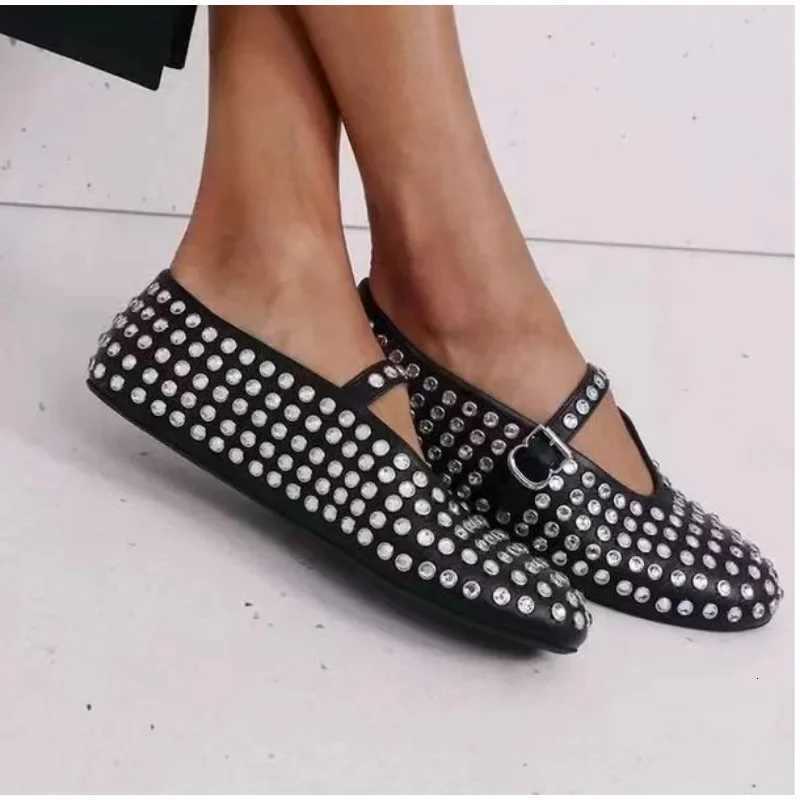 Luxury Crystal Rhinestone Fishnet Ballet Flats Woman Brand Design Rivet Studs Mesh Mary Jane Shoes Ladies Summer Cut Out Loafers X251122