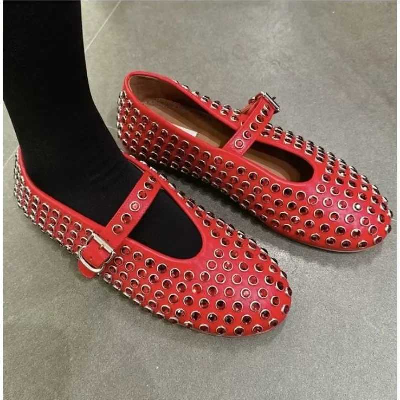 Luxury Crystal Rhinestone Fishnet Ballet Flats Woman Brand Design Rivet Studs Mesh Mary Jane Shoes Ladies Summer Cut Out Loafers X251122