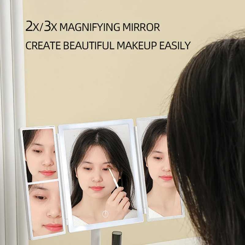 Foldable Makeup Mirror with LED Light 3 Tone Lights Desktop Vanity Mirror 2X/3X Magnifying 360 Adjustable Rechargeable M251122