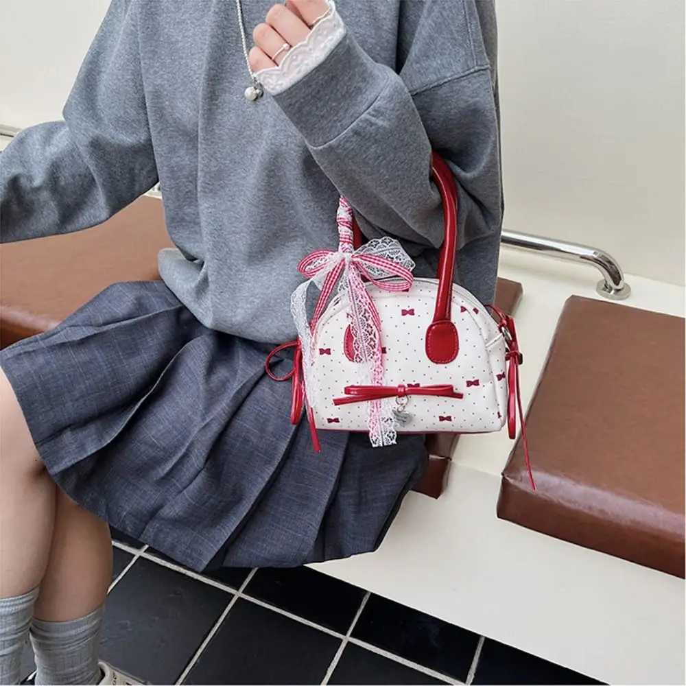 Fashion French Style Bow Ribbons Bowling Bag Elegant Large Capacity Boston Shoulder Bag Casual PU Leather Women Handbags WomenT251122