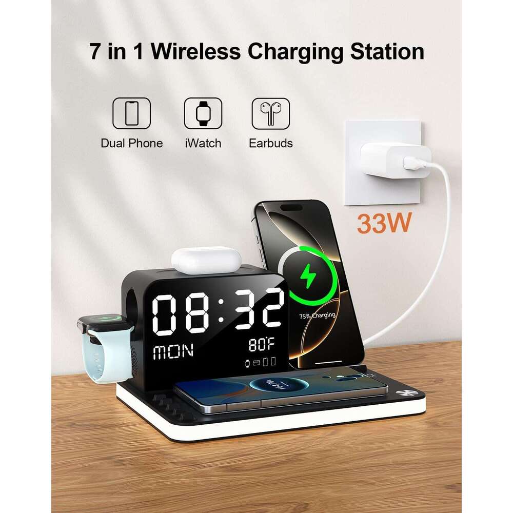 7 in 1 Wireless Charging Station, Fast Charger Station with Dual iPhone, Bluetooth TimeSync, Night Light,33W Adapter for iPhone 16/15/14/13/12 All