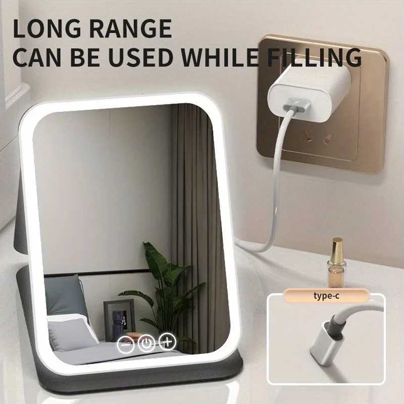 LED Makeup Mirror 3 Colors Lighting Dimmable with Touch Screen Fold Cosmetic Makeup Mirror Rechargeable Tabletop for Travel Home M251122
