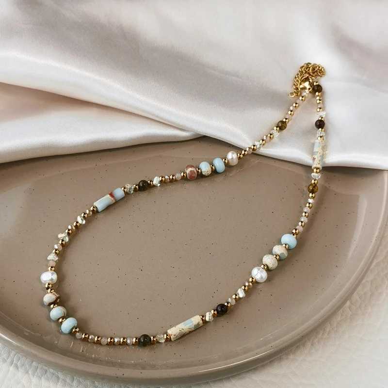 Bohemian Irregular Natural Stone Necklace Imitation Pearl Shell Beaded Necklace Womens Retro Jewelry Gift Y250422