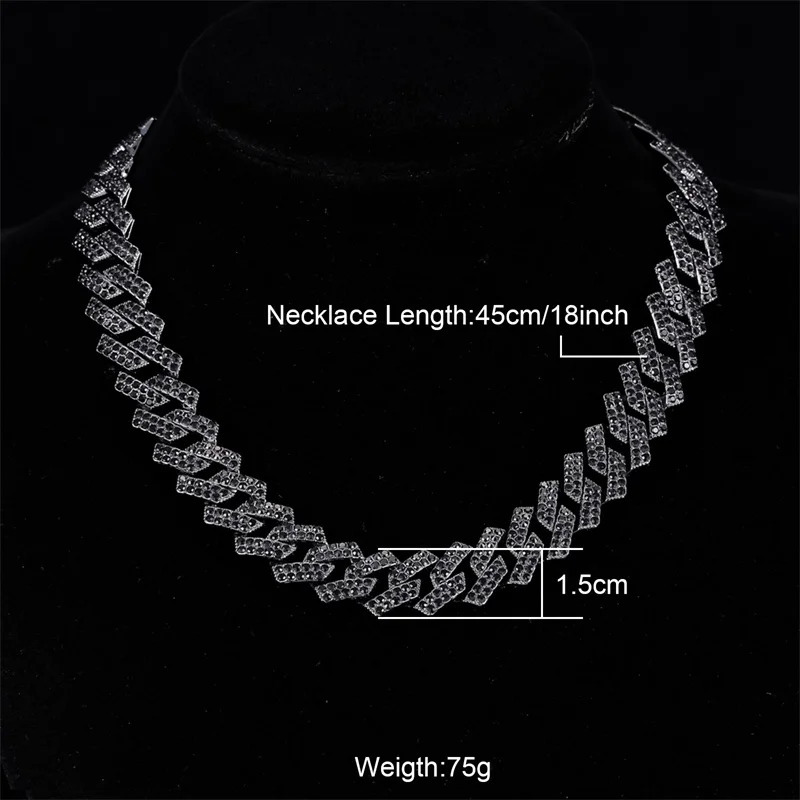 D Z Hip Hop Black Color 15MM Cuban Link Chain 2 Row Black Iced Out Rhinestones Rapper Necklaces For Men Women Choker Jewelry 250420