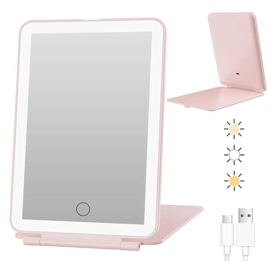 LED Foldable Travel Makeup Mirror 3 Colors Light Modes USB Rechargeable Touch Screen Portable Tabletop Cosmetic Mirror Handheld M251122