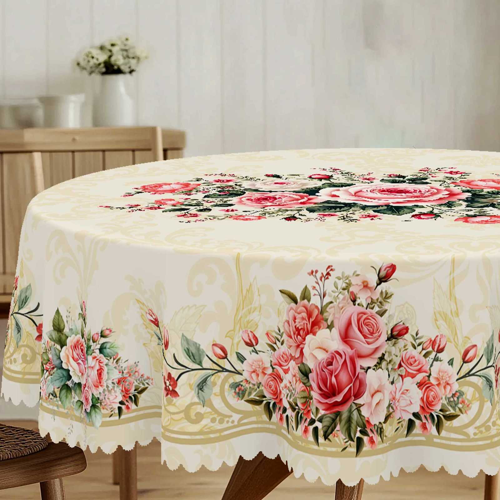 1 Piece of Retro Pink Rose Pattern Flower Tablecloth Spring and Summer Flower Decoration Party Supplies Machine Washable Tablecloth for Wedding C25112