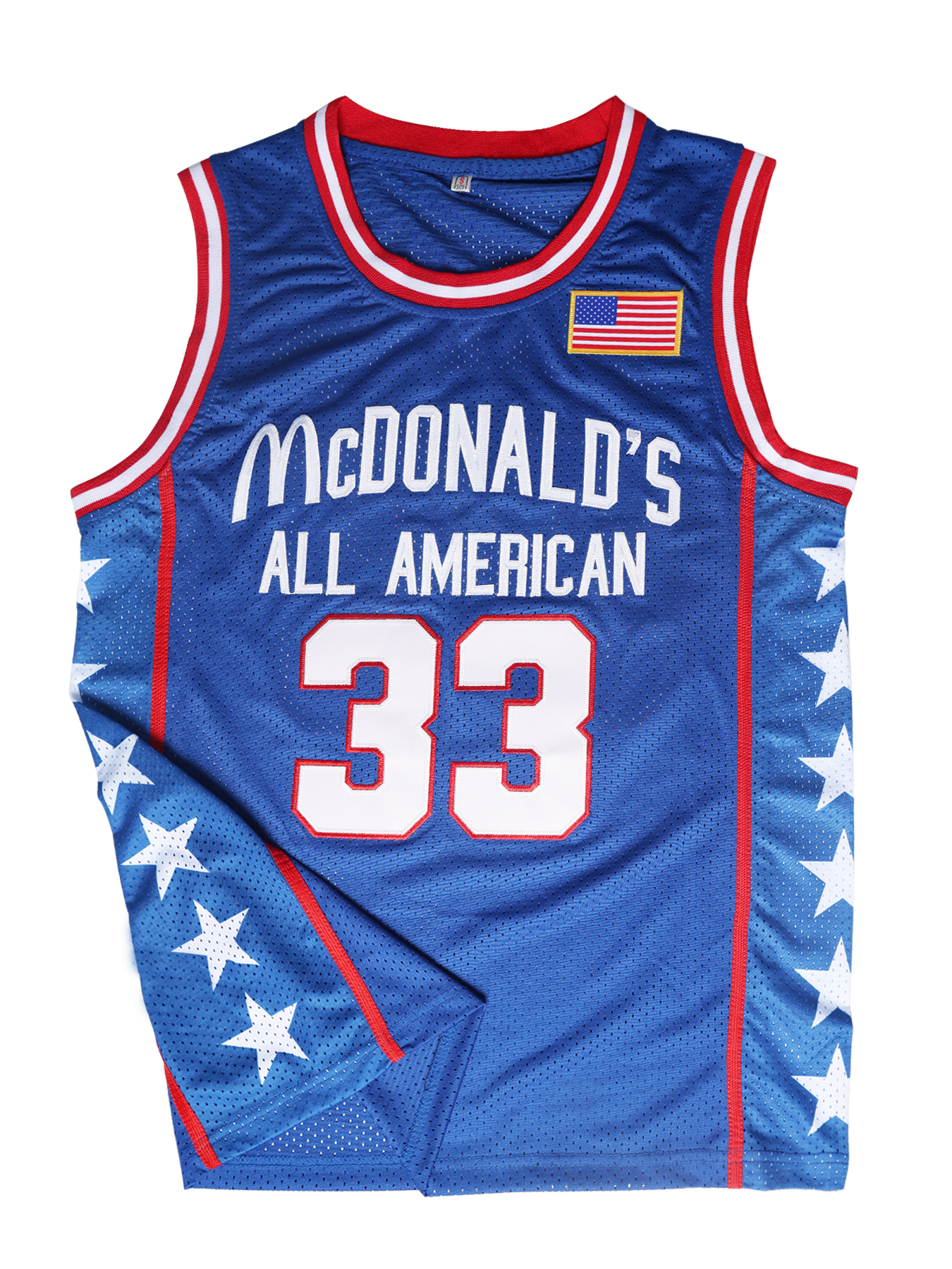 Mens Blue 33 BRYANT Embroidered Basketball Jersey Sleeveless Mesh Round Neck Sports Top with McDonald's All-American Design Loose Fit for Parties