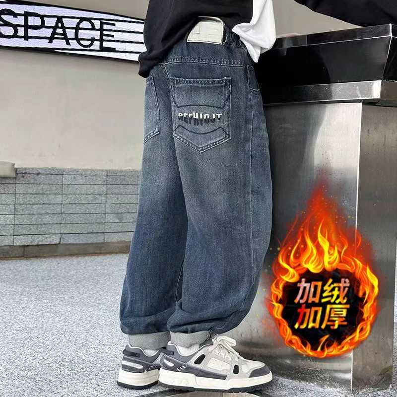 Teen Boys Jeans Spring Autumn Winter Insulated Kids Denim Trousers Children Baggy Pants Elastic Waist Blue Fashion Thermal JeansT251122