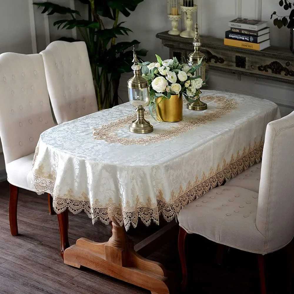 Oval Lace Tablecloth with Fall Antique Flower Design for Outdoor Farmhouse Rustic Kitchen and Birthday Parties C251122