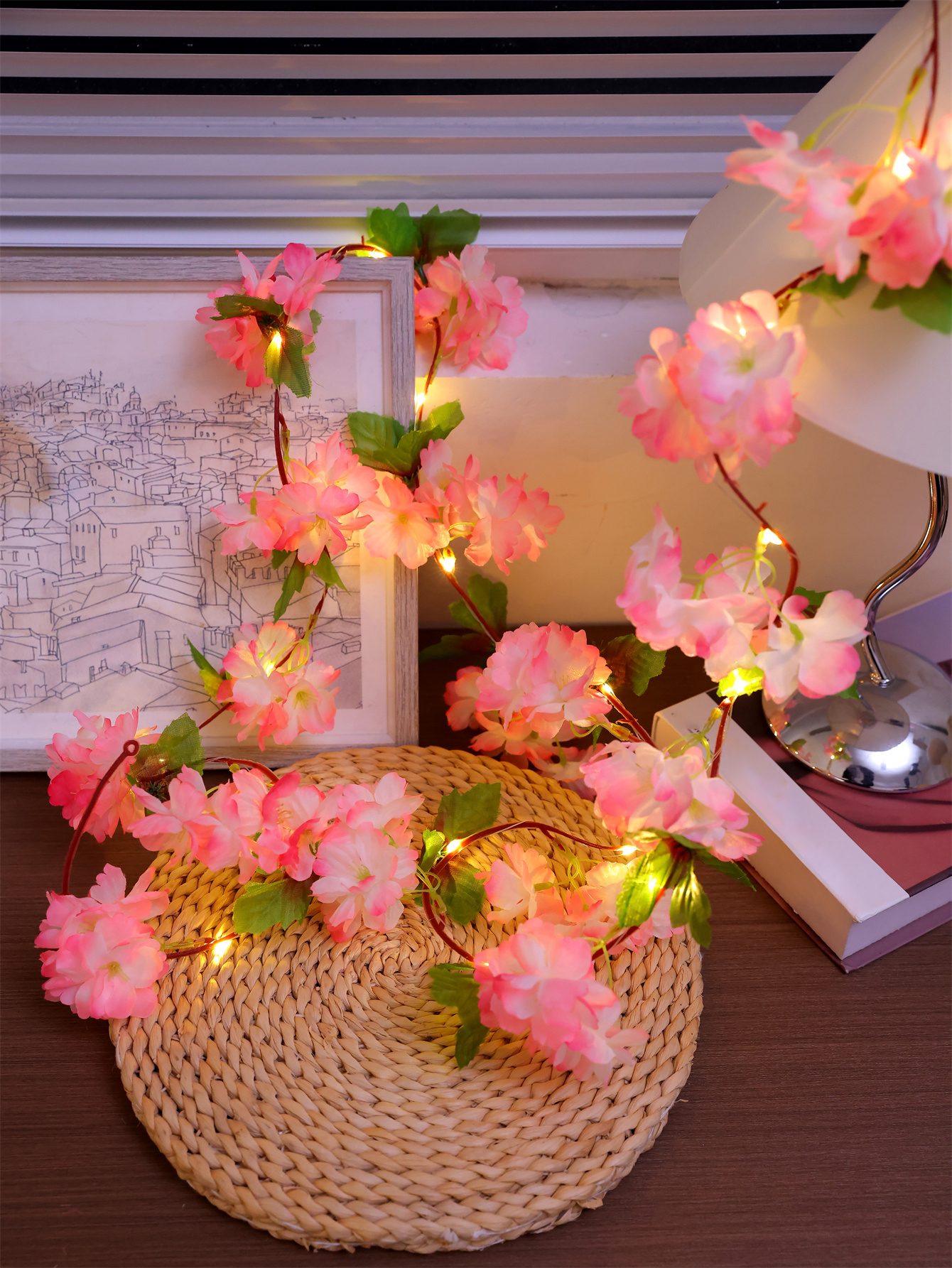 Battery box led simulation cherry blossom rattan lights indoor room wedding decoration lights romantic atmosphere fake flowers color lights