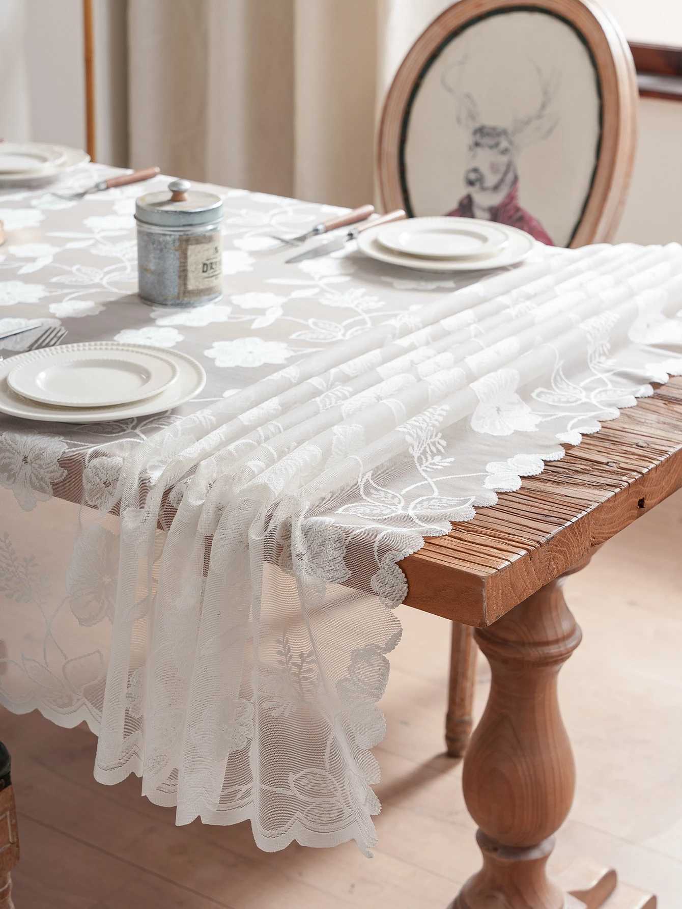 White Lace Rose Floral Tablecloth for Dining Room And Bedroom Simple Style Decorative Tablecloth Art Fabric C251122