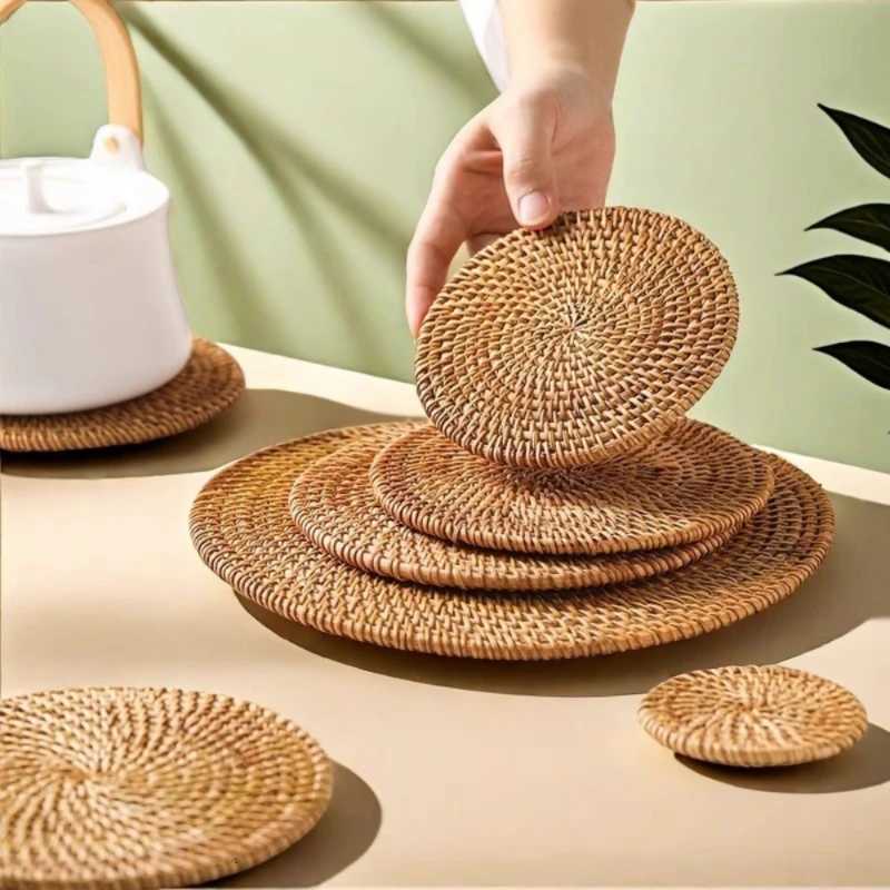 1Pc Pure Handmade Rattan CoastersRattan PatternsHeat Resistant Kitchen Dining CoastersWooden Storage Tea SetKitchen Gadgets C251122