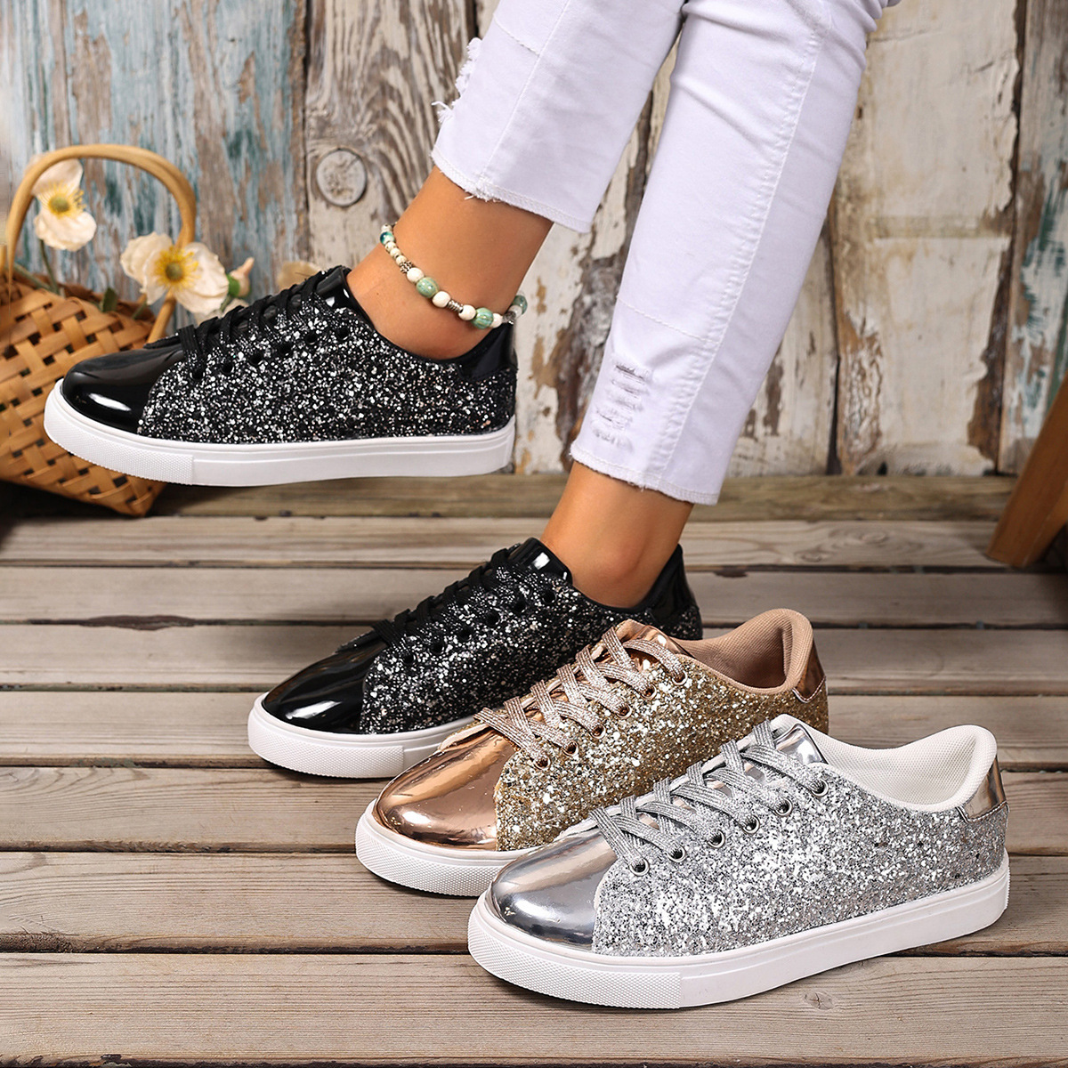 shoes women luxury 2025 Summer Plus Size Sneakers with Glitter, Western Style Front Lace-Up Solid Color Skate Shoes for Women