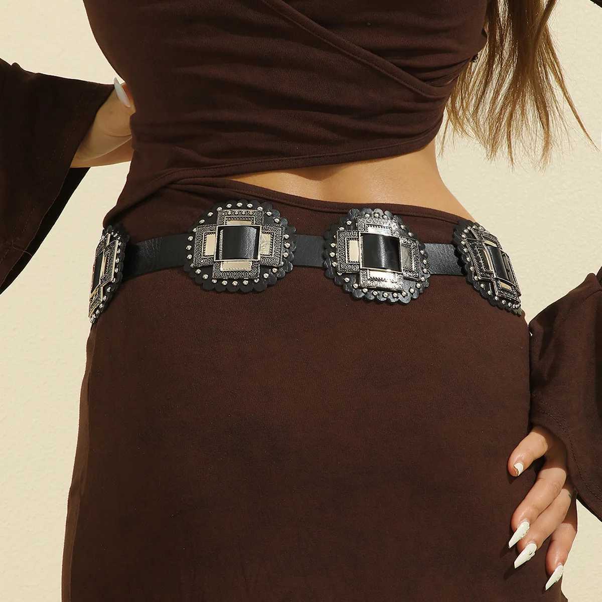 European and American Vintage Street Fashion Hollow Ring PU Leather Splicing Feature Waist Belt Versatile Nail Bead Women Belt J251122