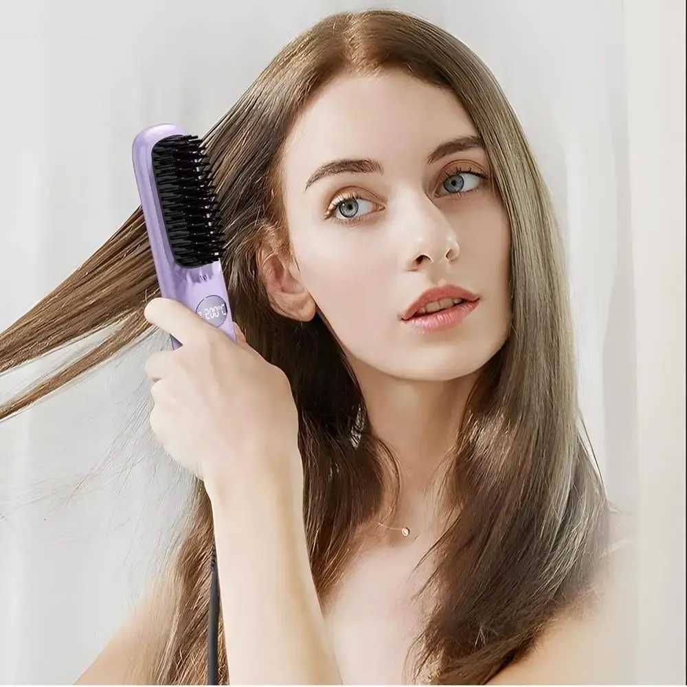 3 Temperature Settings Electric Hair Straightener Brush Anti-Scald Protection Portable Negative Ion Styling ToolT251122