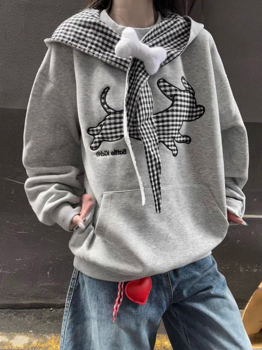 American designer embroidered small dog plaid strap hooded sweatshirt for women, new autumn and winter with plush loose and lazy style top