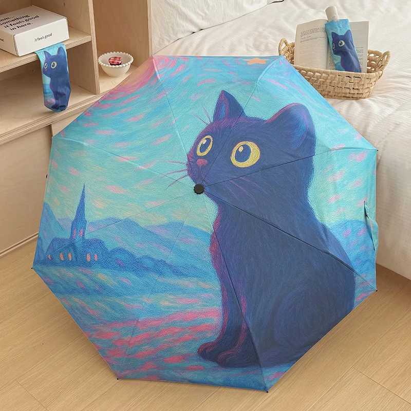 Yellow Blue Oil Painting Cat Folding Umbrella Rain Sun Dual-use Automatic Sun Umbrella Sun Protection And UV Protection PortableM251122