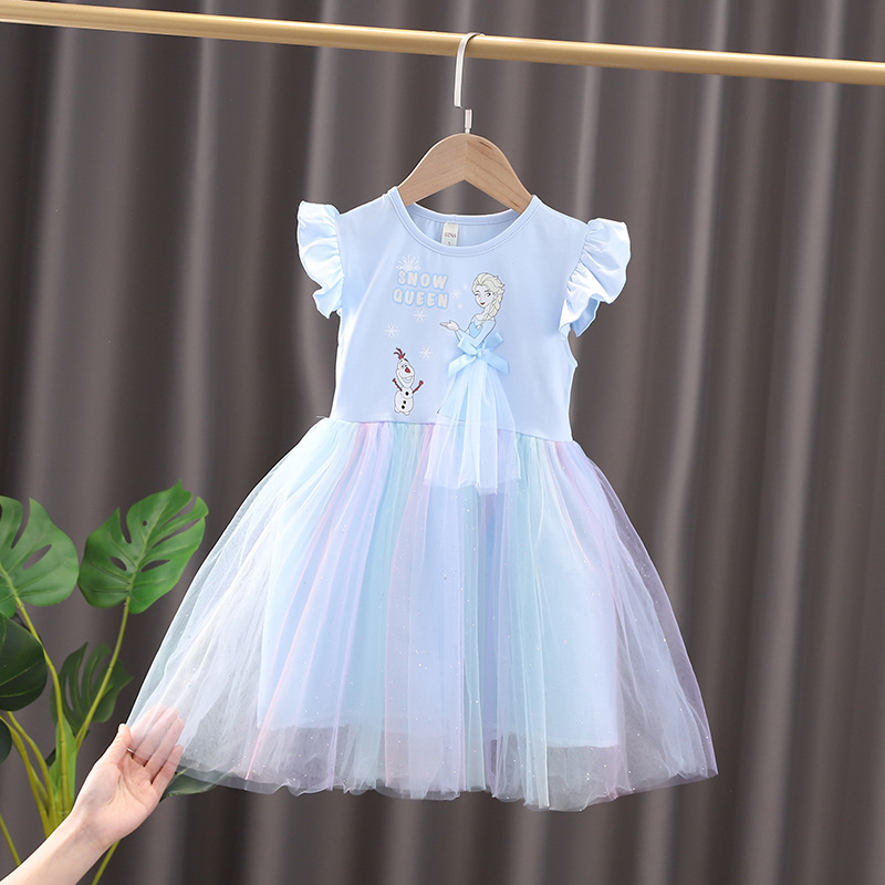 DISNEY infant designer clothes summer clothes Frozen dress for girls Summer children's skirt Puff-sleeve princess Elsa Skirt Netting Princess Dre
