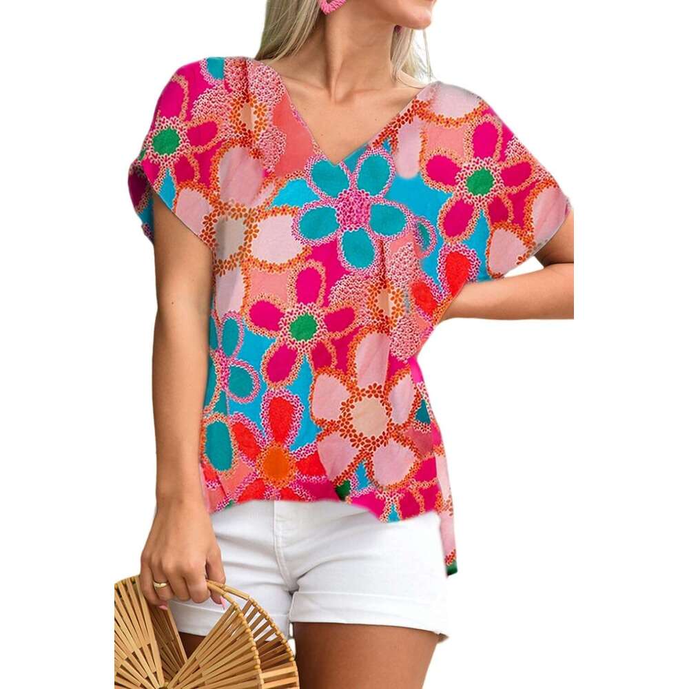 DHessentials Womens Tank Tops Pink Abstract Print V Neck Dolman Blouse Trendy 2025 Sping Summer Cami Shirts