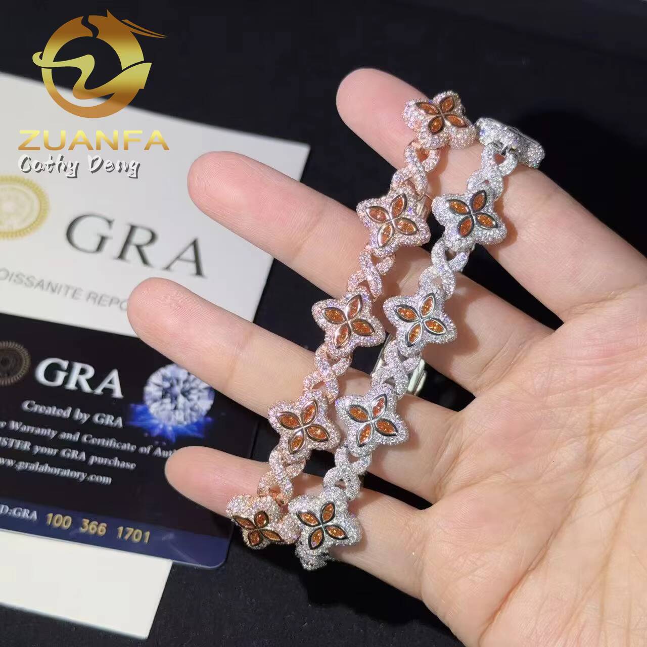 Fanta Moissanite 15mm Marquise Flower Hip Hop Jewelry Iced Out Unisex Moissanite Cuban Chain 925 Silver Moissanite Bracelet