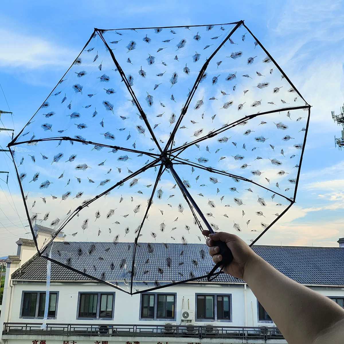 1 piece of compact fully automatic transparent feather umbrella suitable for taking photos couple umbrella windproof rainproof sM251122