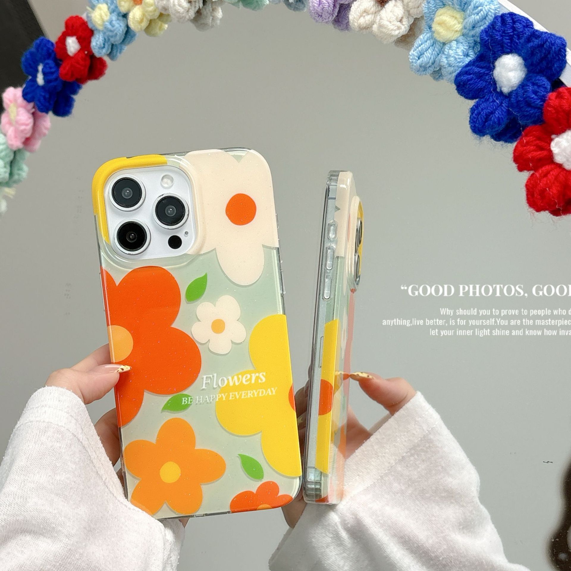 ins Oil Painting Colorful Flowers Phone Case Compatible with iPhone 16/15 Pro Max Glitter Shockproof Protective Case