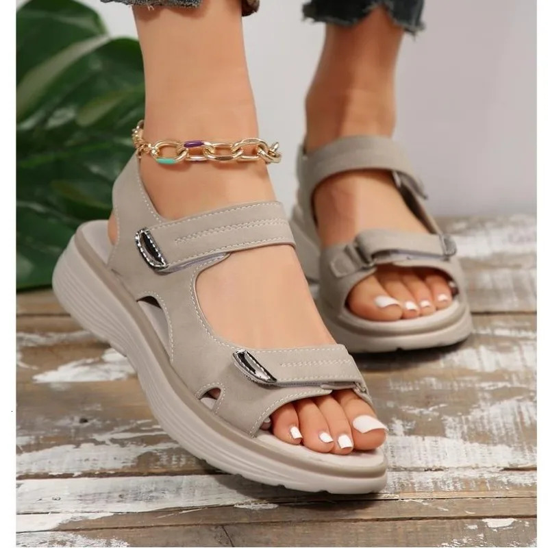 Hook and Loop Sandals for Womens Summer Leather Light Casual Wedge Platform Shoes Blue Girls Outdoor Anti slip Apricot Tree 42 250421BJ - view 3
