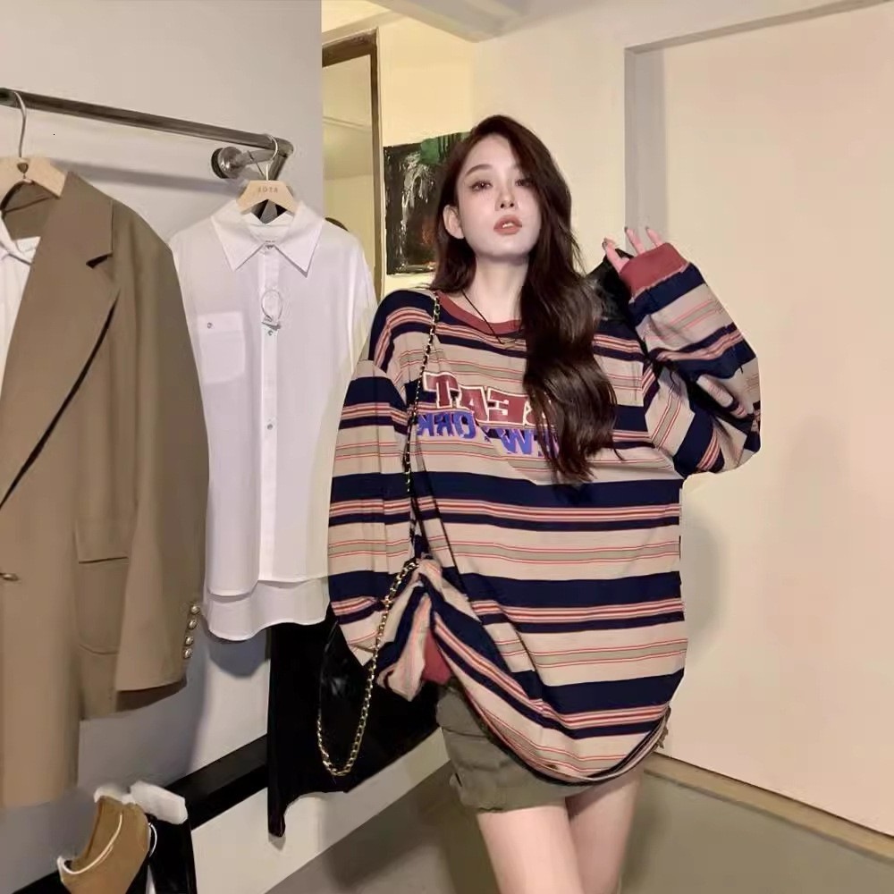 American designer striped round neck hoodie with women's fleece, new Korean version loose and lazy style mid length hip covering top