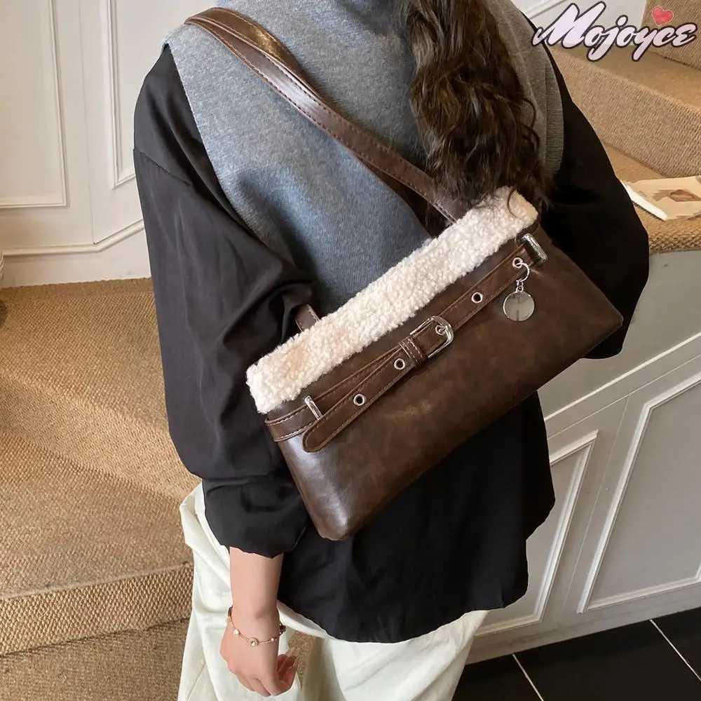 Women PU Lambswool StiTChing Shoulder Bag with Belt Vintage Small SaTChel Tote Bag Daily Underarm Pouch Travel Handbag K251121