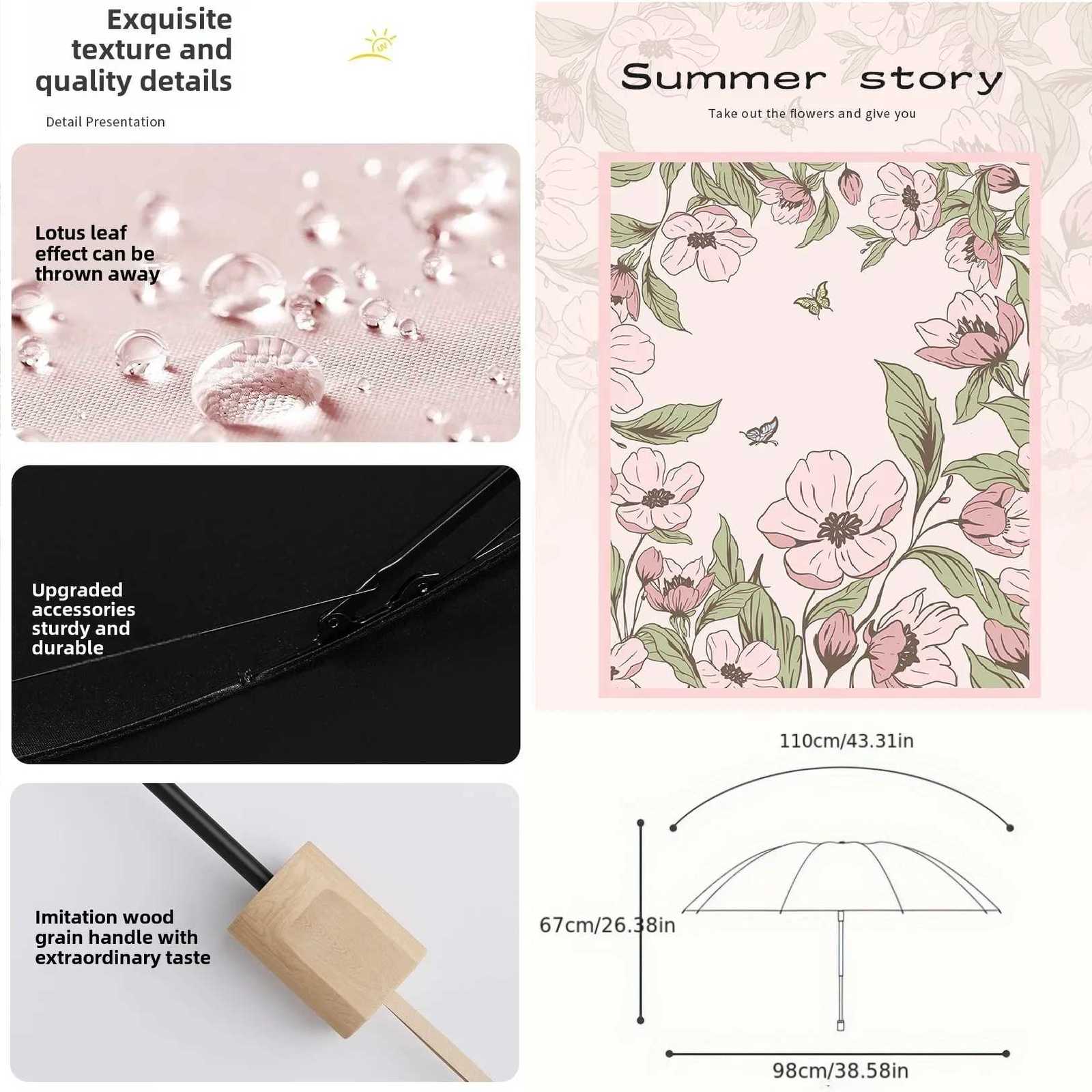 Elegant Flower Printed UPF50 Sun Umbrella Romantic UV Protection Umbrella Vinyl Coating Rain Parasol SunShade Folding UmbrellasM251122