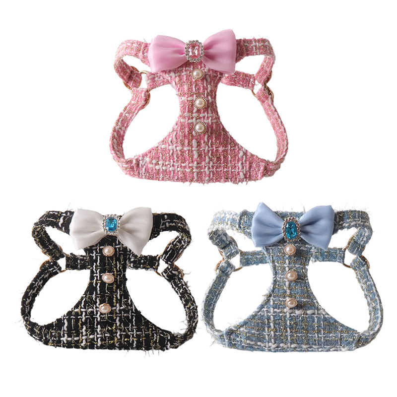 Luxury Tweed Bowknot Dog Harness and Leash Set, Pearl Button Dress Vest for Small Dogs Cats Pink Black Blue