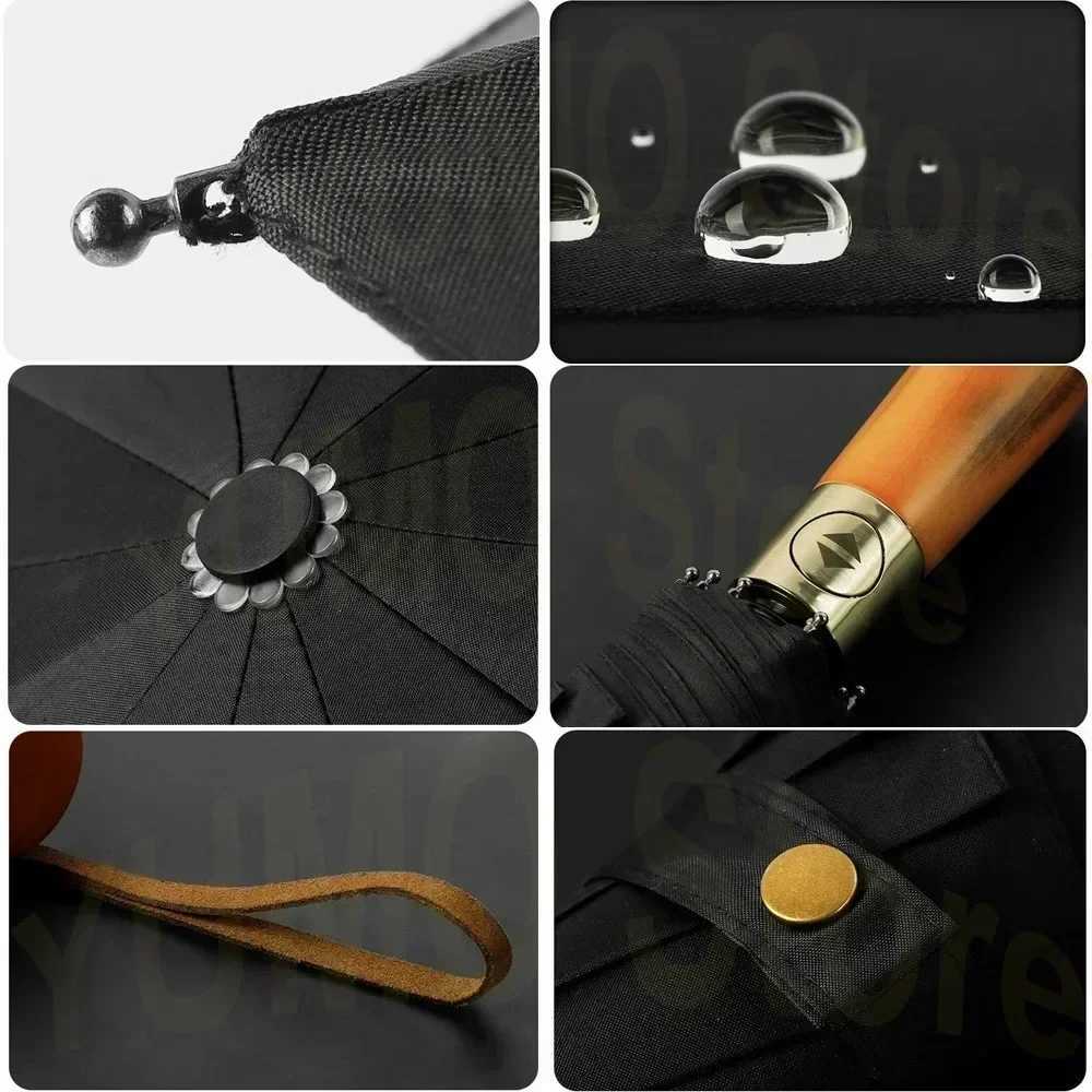Fully Automatic Wooden Handle Umbrella Men High End Business Folding Umbrella UV Protection Womens Parasol Sunny and Rainy UseM251122