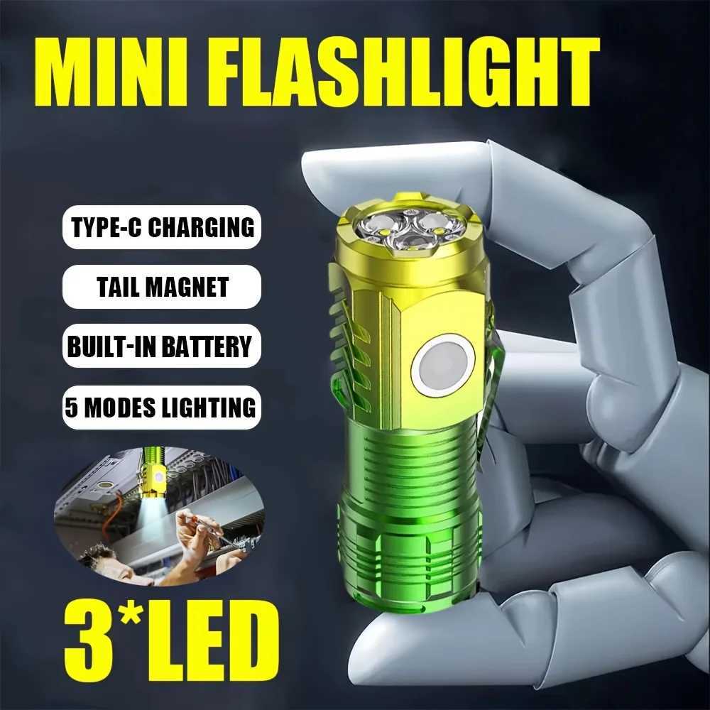 Mini 3 LED Flashlight Rechargeable Portable Torch Clip Powerful Waterproof Pocket Magnet Work Light For Camping Hiking Fishing C251122