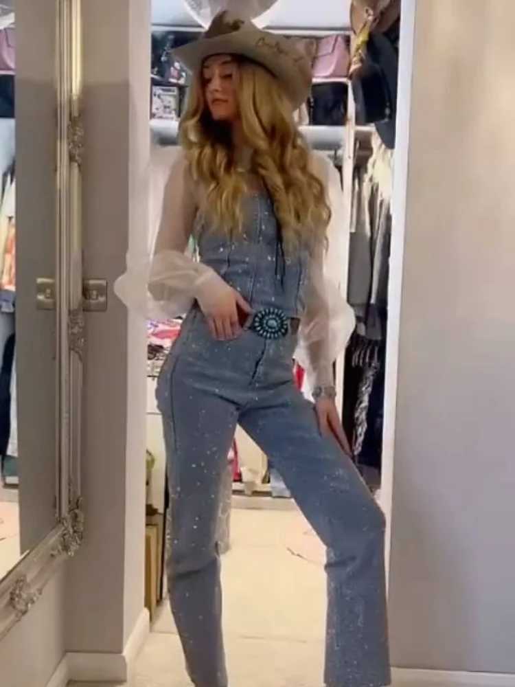 Sexy sequined denim vest pants set for womens Y2K solid sleeveless crop top waist zipper jeans 2025 fashionable street party setXJ250421