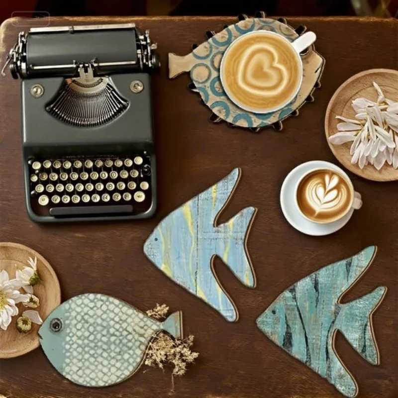 6pcs 2D Fish-Shaped Wooden Coasters Anti-skidding Heat-Resistant Beach-Themed Kitchen Decoration Maritime Style Coffee Shop Use C251122