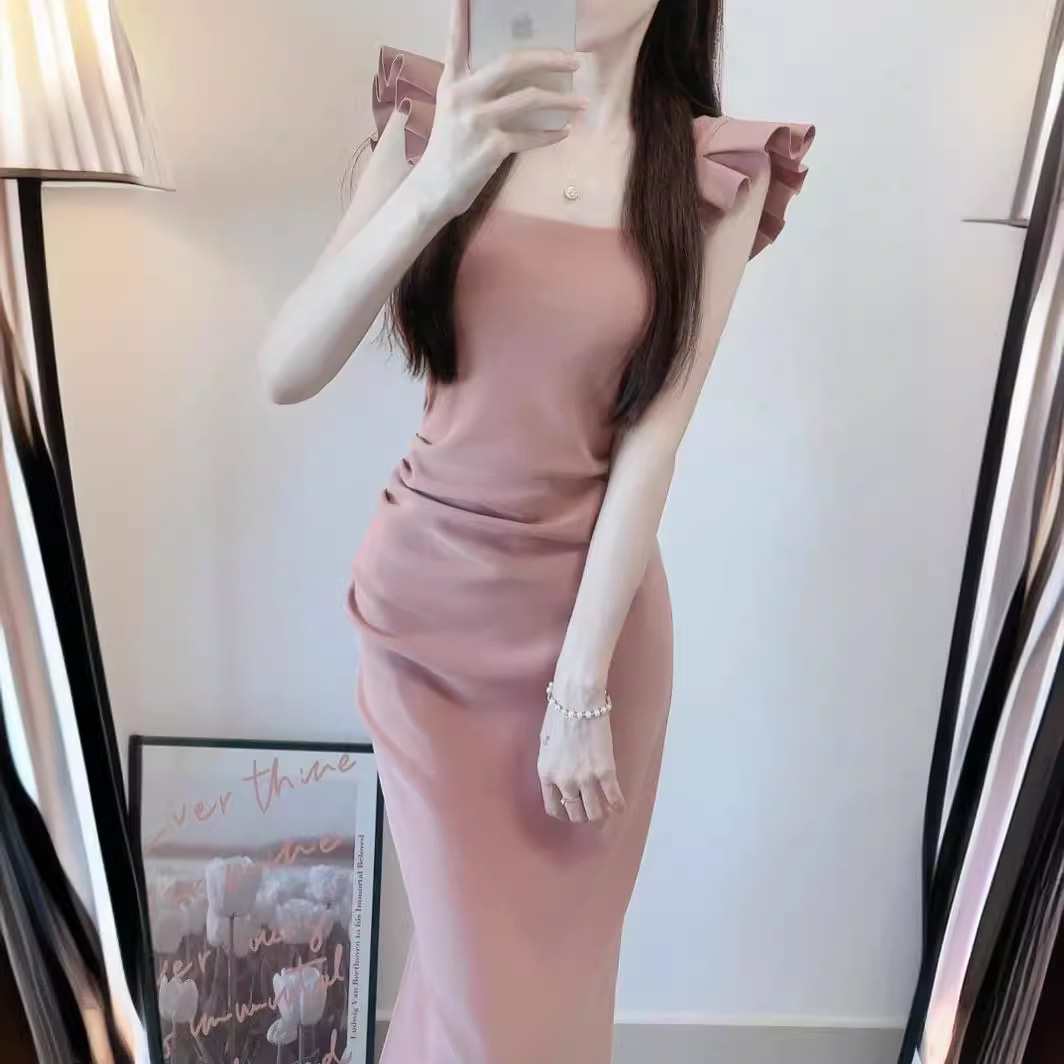 XX5135 High quality tea break flying sleeve pink suspender dress female summer temperament gentle